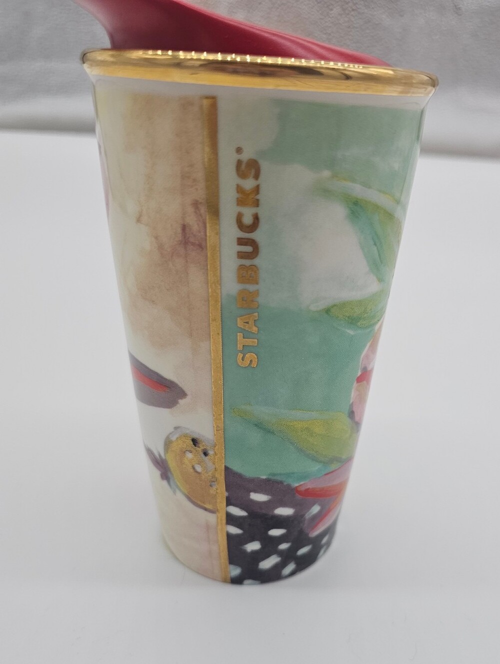 2014 Starbucks Watercolor Floral Ceramic Travel Tumbler in Mint & Pink